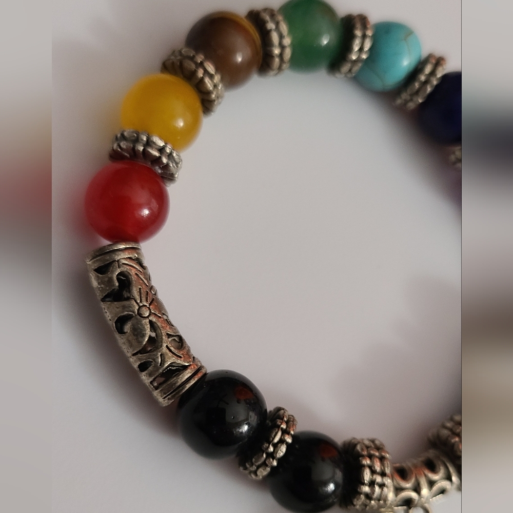 7 Chakra Heart Gemstone Bracelet Silver Filigree Tone Stretch Euc - Picture 2 of 6